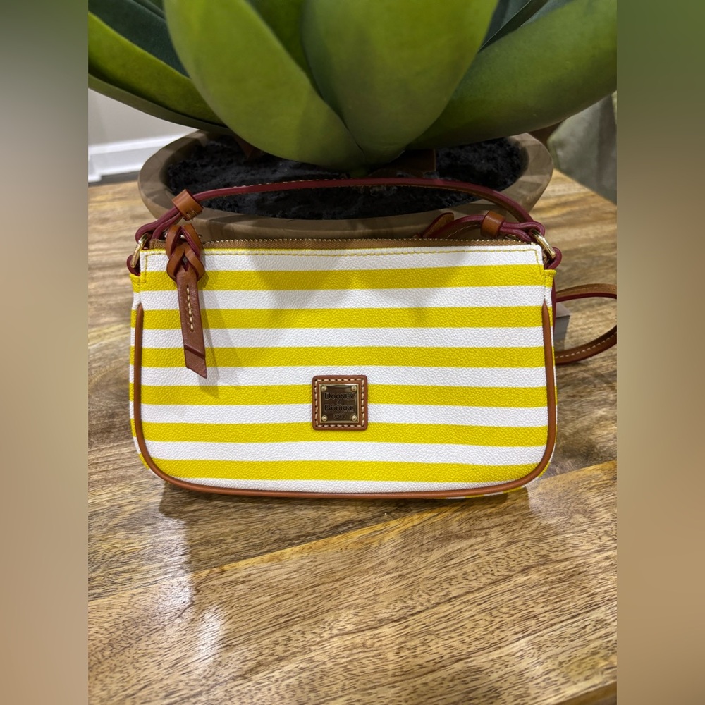 Dooney & Bourke Striped Yellow & White Crossbody Bag with Leather Trim and Strap